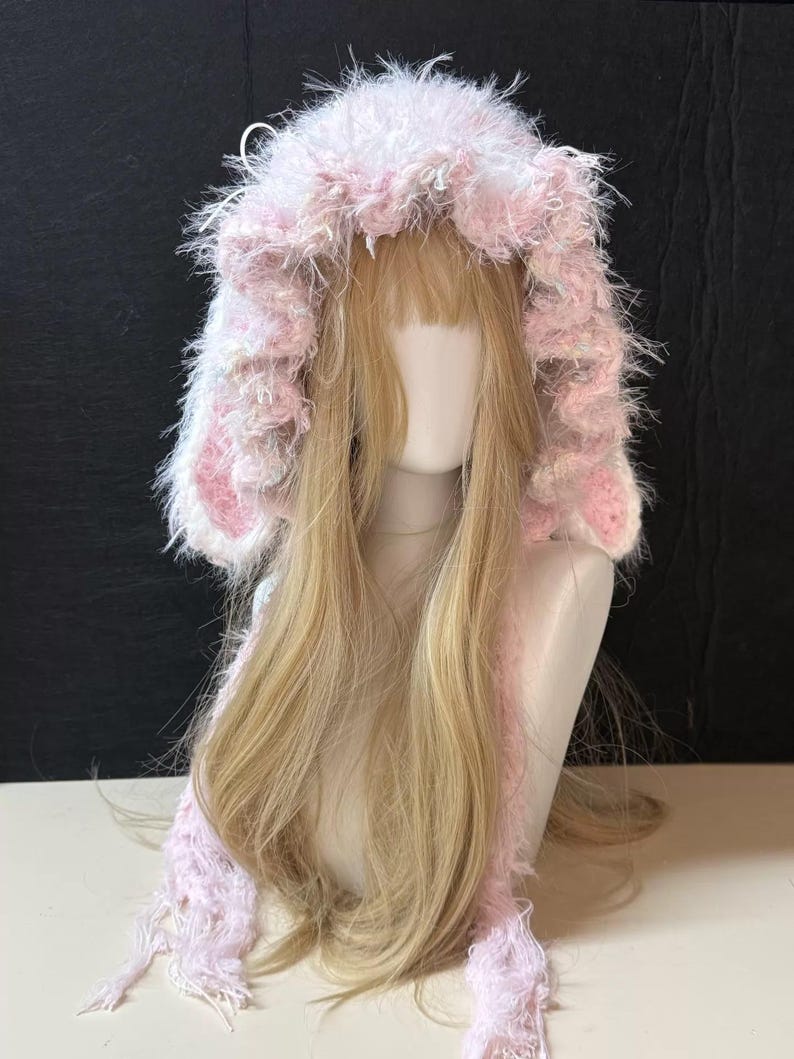 Pink Rabbit Hood Blush Pink and White Bunny Ear Hood, Fluffy Crochet Bonnet, Fairycore ...
