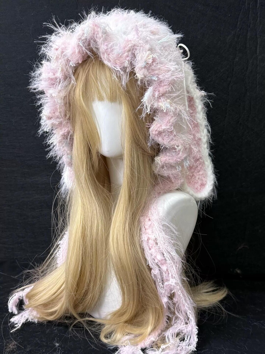 Pink Rabbit Hood Blush Pink and White Bunny Ear Hood, Fluffy Crochet Bonnet, Fairycore ...