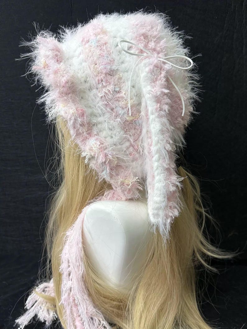 Pink Rabbit Hood Blush Pink and White Bunny Ear Hood, Fluffy Crochet Bonnet, Fairycore ...