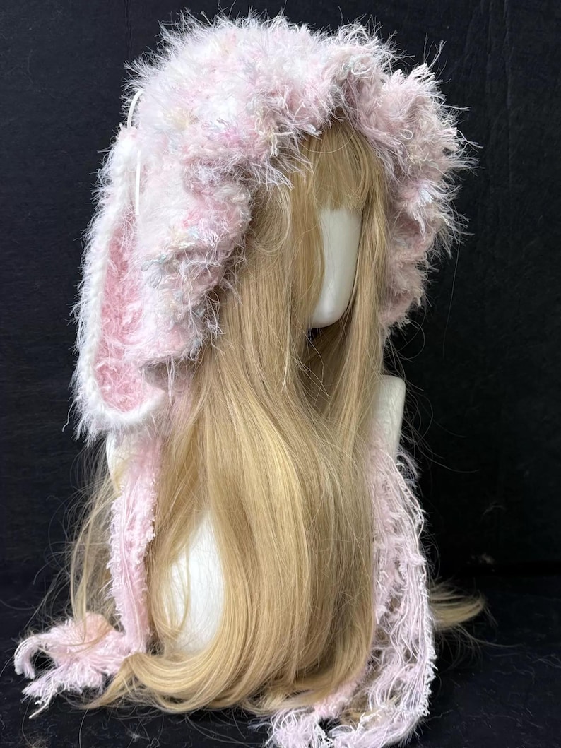 Pink Rabbit Hood Blush Pink and White Bunny Ear Hood, Fluffy Crochet Bonnet, Fairycore ...