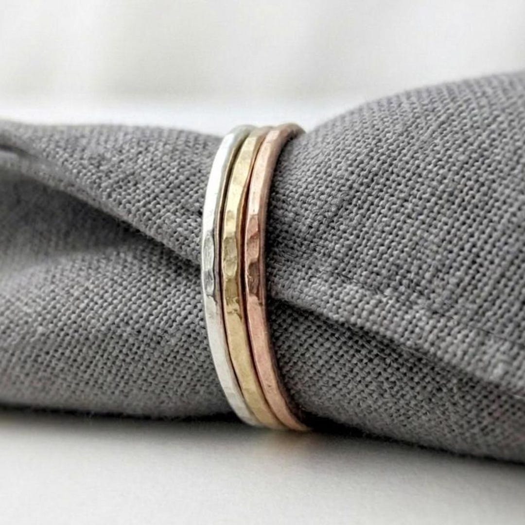 Color Stack Ring Hammered Sterling Silver Tri-color Stacking Ring Set, Minimalist Boho ...