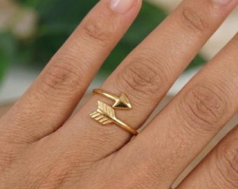 Gold Plated Arrow Wrap Ring, Minimalist Adjustable Band For Her