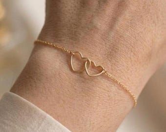 Pulseira Dois Corações, Corações Entrelaçados, Bracelete em Prata de Lei e Ouro