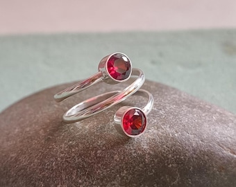 Sterling Silver Garnet Swirl Ring, Handmade Double Spiral Band, Two Stone Bypass Jewelry