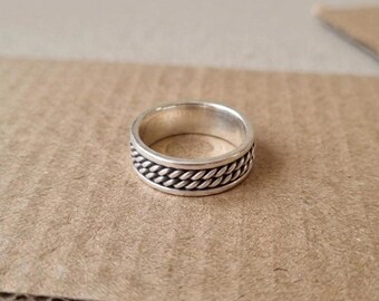 Sterling Silver Rope Spinner Ring, Oxidized Boho Fidget Band, Unisex Anxiety Relief