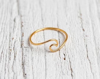 Gold Wave Ring, Minimalist Ocean Band, Stackable Coastal Jewelry