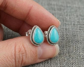 Teardrop Turquoise Sterling Silver Stud Earrings, Minimalist Bohemian Jewelry
