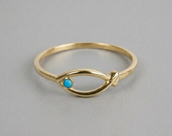Gold Ichthys Ring, Dainty Turquoise, Minimalist Fish Symbol Jewelry