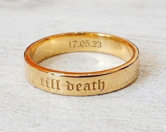 Anel de Ouro "Até a Morte" / Alianças de Casamento Personalizadas com Gravação / Aliança Gravada "Até a Morte" / Anel Personalizado com Data e Nome / Anel de Promessa para Ela e Ele