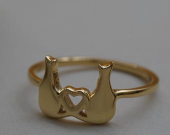 Anel de prata esterlina com orelhas de gato e rabinho em forma de coração, joia minimalista com tema animal.