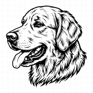 May include: A black and white graphic illustration of a golden retriever head in profile. The dog is depicted with its mouth open and tongue hanging out, featuring detailed line work that captures the texture of its fur and facial features.