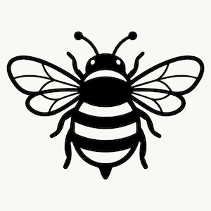 May include: A black and white illustration of a bee. The bee is depicted in a flat, graphic style with detailed wings, antennae, and striped body. The design is suitable for various applications.