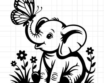 Cute Elephant SVG PNG, Baby Elephant with Butterfly Wildflowers, Nursery Decor, Kids Shirt, Cricut Cut File, Instant Download