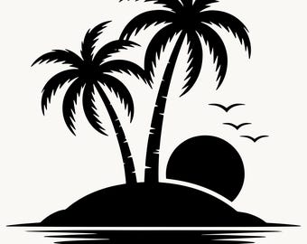 Palm Trees SVG PNG, Tropical Island Birds Sunset, Beach T-Shirt Cut File, Ocean Reflection, Cricut Glowforge, Instant Download
