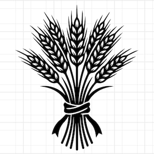 Może przedstawiać: Czarno-biała ilustracja wiązki pszenicy, związanej wstążką. Kłosy pszenicy są szczegółowe, z widocznymi pojedynczymi ziarnami. Obraz jest prostą, graficzną reprezentacją tematu żniw lub rolnictwa.