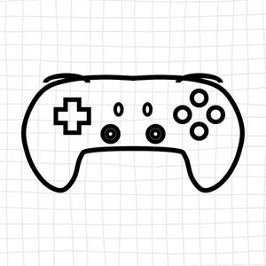 May include: A black and white line art illustration of a video game controller. The controller features a directional pad on the left, four circular action buttons on the right, two central menu buttons, and two analog sticks positioned below the center.