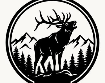 Bugling Elk SVG Mountain Scene Circle Frame, Bull Elk Cricut Cut File PNG DXF, Wildlife Outdoor Digital Download Instant Download