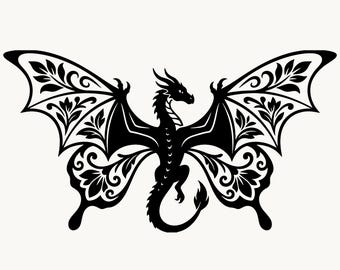 Dragon SVG PNG, Floral Butterfly Dragon Cut File | Cricut Silhouette | Fantasy Dragon Clipart | Instant Download
