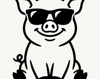 Cute Piglet SVG Cartoon Pig with Sunglasses, Funny Farm Animal Cut File for Cricut, Silhouette Png Eps Dxf Instant Download