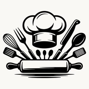 Peut inclure: Illustration en noir et blanc d'une toque de chef entourée d'ustensiles de cuisine. Un rouleau à pâtisserie est en bas, avec un fouet, une fourchette, une spatule, des cuillères, un couteau et une cuillère. Design classique.