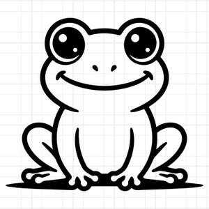 Puede incluir: Ilustración de una rana de dibujos animados en blanco y negro. La rana tiene ojos grandes y redondos, una boca sonriente y patas palmeadas. El diseño es simple y gráfico, adecuado para diversas aplicaciones.