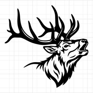 May include: A black and white graphic of an elk head with large antlers, roaring with its mouth open. The elk's detailed features include its eyes, ears, and fur, all rendered in a bold, stylized design. The background is a grid pattern.