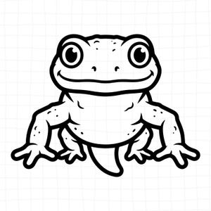 May include: A black and white line art illustration of a gecko with large, round eyes, a wide smiling mouth, and a textured body with small spots. The gecko is depicted in a front-facing position with its four limbs spread out on a grid background.