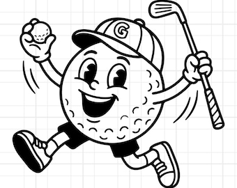 Personaggio pallina da golf SVG PNG, Golf divertente SVG, Clipart di golf in stile cartone animato, Regalo per amanti del golf, File di taglio Cricut, Mascotte retrò Download digitale