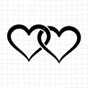 May include: A black graphic illustration of two interlocking hearts centered on a white background featuring a subtle, thin gray grid pattern. The hearts are outlined in a bold, solid black line, creating a clean and symmetrical design.