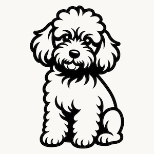 Può includere: Un'illustrazione grafica in bianco e nero di un barboncino seduto. Il design presenta contorni neri spessi e forme nere solide per definire il pelo riccio, le orecchie pendenti, gli occhi rotondi e il piccolo naso del cane.