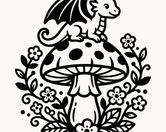 Dragon SVG PNG, Cottagecore Mushroom Dragon Cut File | Cricut Silhouette | Cute Dragon Clipart | Instant Download