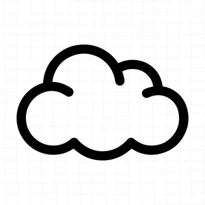 Op de afbeelding: Een eenvoudig zwart lijntekening-icoon van een wolk met afgeronde randen en een zachte, bolle vorm. De afbeelding heeft een dikke, opvallende omtrek tegen een witte achtergrond met een subtiel, lichtgrijs rasterpatroon over het hele beeld.