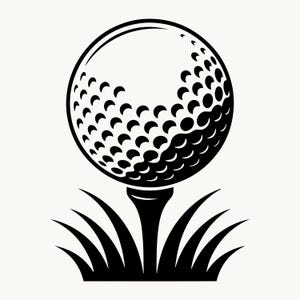 Könnte beinhalten: Eine schwarz-weiße grafische Illustration eines Golfballs auf einem Tee. Der Golfball weist eine genoppte Oberfläche mit Schattierungen auf der rechten Seite auf. Das Tee befindet sich in einem Büschel stilisierter Grashalme an der Basis.