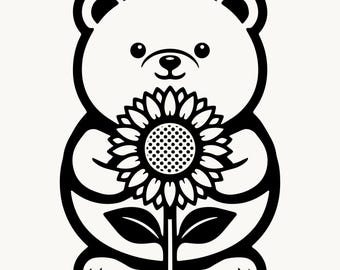 Teddy Bear SVG PNG Bear Holding Sunflower Cut File Digital Download Cricut Silhouette Cute Bear Clipart Nursery Instant Download
