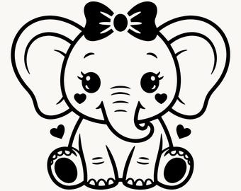 Kawaii Elephant SVG with Bow, Cute Baby Animal Cut File, Cricut Elephant PNG, Nursery Instant Download