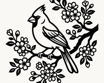 Cardinal Bird SVG PNG, Floral Cardinal Branch, Spring Songbird Cut File, Cricut Sublimation Laser, Instant Download