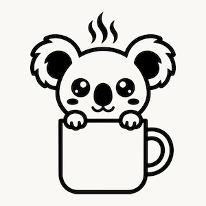 May include: A black and white graphic illustration of a koala with large eyes and rounded ears peeking out from inside a coffee mug. Three steam lines rise from the top of the koala's head, indicating a hot beverage contained within the mug.