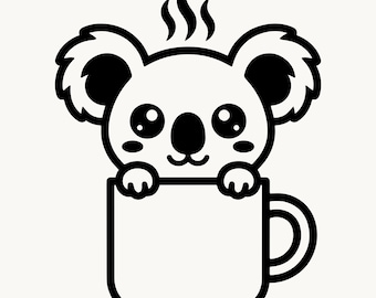 Koala SVG Coffee Cup, Cute Koala PNG Clipart Kawaii, Baby Koala Cut File Cricut Silhouette, Animal SVG Digital Download