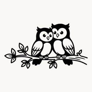 May include: A black and white graphic illustration of two owls perched side by side on a tree branch. The owls have large eyes and rounded bodies, with the branch featuring several small leaves extending to the left and right sides.