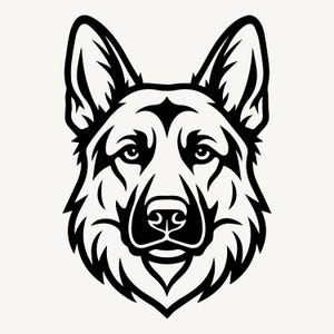 Op de afbeelding: Zwart-wit grafische illustratie van de kop van een Duitse herdershond. De symmetrische, gestileerde afbeelding toont de alerte uitdrukking van de hond en zijn kenmerkende kenmerken, zoals spitse oren en een prominente neus.