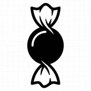 May include: A black and white graphic illustration of a wrapped candy. The design features a solid black circular center with a white highlight on the left side, flanked by two black and white twisted wrapper ends on the top and bottom.