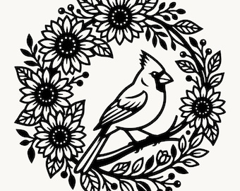 Cardinal Sunflower Wreath SVG PNG, Farmhouse Bird Cut File, Cardinal Cricut Sign Laser Sublimation, Instant Download