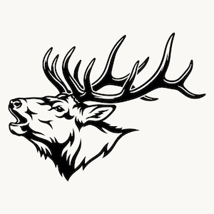 Könnte beinhalten: Eine schwarz-weiße grafische Illustration eines Wapiti-Kopfes im Profil. Der Wapiti ist mit geöffnetem Maul dargestellt, als würde er röhren, mit einem großen, detaillierten Geweih, das nach rechts ragt, und scharfen, kontrastreichen schwarzen Linien.