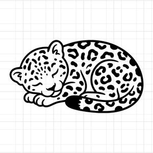 May include: A black and white illustration of a sleeping leopard cub. The leopard is curled up, with its eyes closed and spots on its body. The image is a simple, clean design, suitable for various uses.