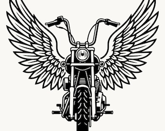 Motorcycle Wings SVG PNG, Front View Winged Chopper SVG, Angel Wings Bike Cricut Cut File, Biker Digital Download