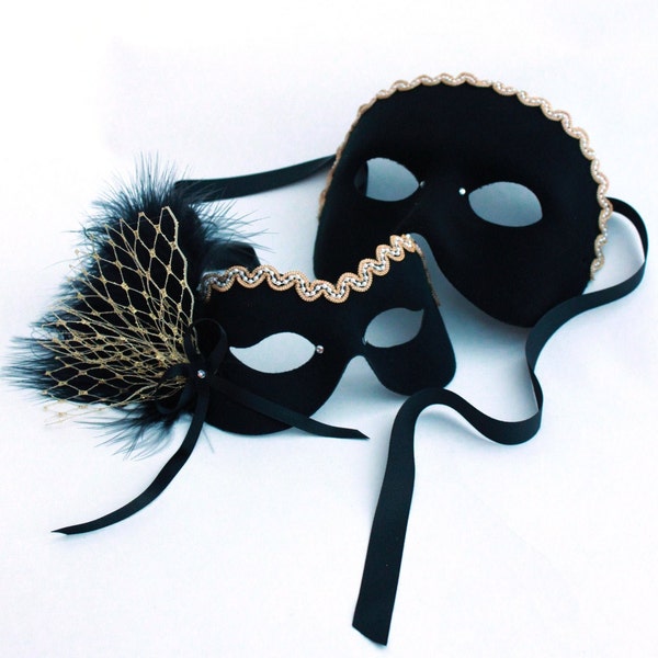 Couple's Matching Masks, Vintage Black Gold or Silver Pearl Net Feather Handmade Masquerade, Luxury Masked Ball Masks.