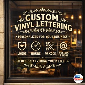 Aangepaste vinyl belettering sticker voor glas | Vinyl etalageruit | Zakelijke raamsticker | Aangepast winkelbord | QR-code website openingstijden logo