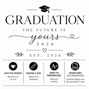 May include: Black and white graduation design with the word "GRADUATION" above the phrase "THE FUTURE IS yours 2026". Includes icons for design, size selection, personalization, and SVG download.