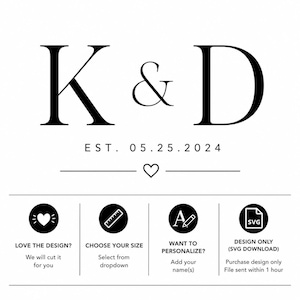 以下が含まれることがあります： 「K&D」の文字と「05.25.2024」の日付が入った白黒のグラフィックデザイン。「LOVE THE DESIGN?」、「CHOOSE YOUR SIZE」、「WANT TO PERSONALIZE?」、「DESIGN ONLY (SVG DOWNLOAD)」のテキストが入ったアイコンが下にあります。