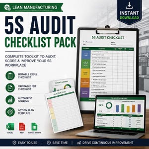Può includere: Grafica per un pacchetto di checklist di audit 5S, con il testo "5S Audit Checklist Pack" e "Complete Toolkit to Audit, Score & Improve Your 5S Workplace." Include una checklist Excel, PDF, punteggio automatico e modello di piano d'azione.